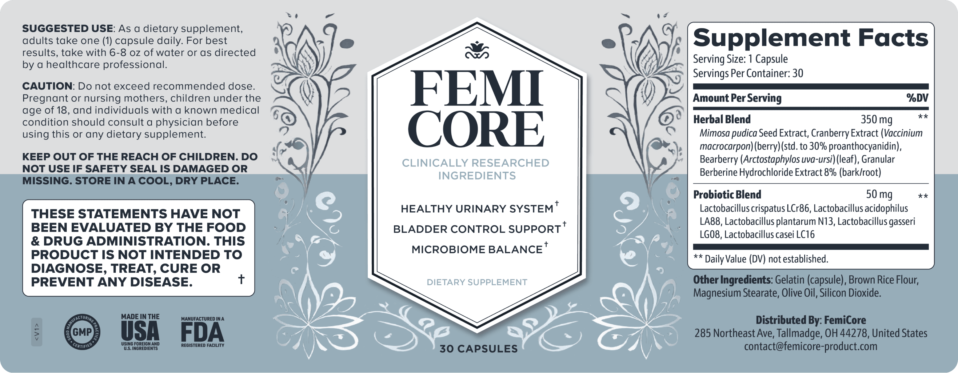 FemiCore Supplement Facts label showing herbal and probiotic blends